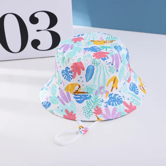 Summer Children Cotton Cartoon Bucket Cap For Boys Printing Floral Baby Girls Sun Hat Flower Kids Bonnet color leave