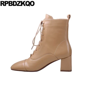 

chunky square toe vintage short 2019 brown genuine leather winter shoes lace up fall fur women ankle boots medium heel zipper