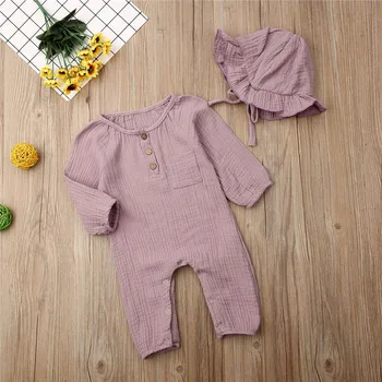 

0-24months Newborn Bodysuits Set Solid White Pink Yellow Long Sleeve Baby Girls Rompers Button Jumpsuits Newborn Hats Baby Set