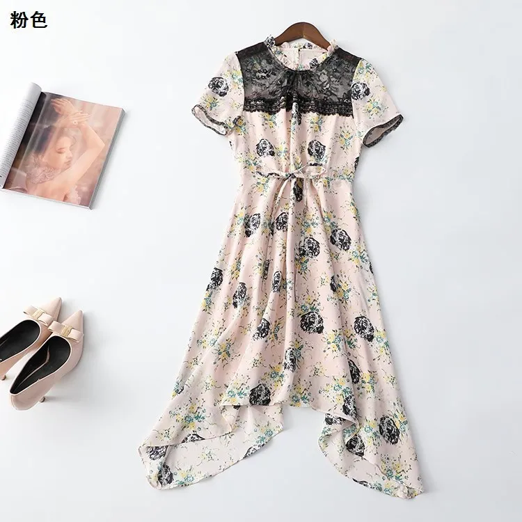 

New 218040 Summer round neck single button Short Sleeve Silk Dress