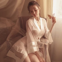 Одежда для невесты Нижнее Белье Порно сексуальный прозрачный халат кимоно Женская одежда ночное белье красные женские длинные халаты черные
