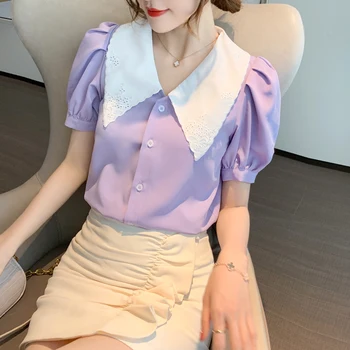 

COIGARSAM Short Sleeve blouse women New Summer Chiffon Loose blusas womens tops and blouses Purple 1011