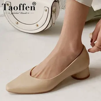 

Taoffen Ladies Pumps Genuine Leather Shallow Square Heels Pointed Toe Retro Shoes Spring Office Work Vacation Pumps Size 34-39