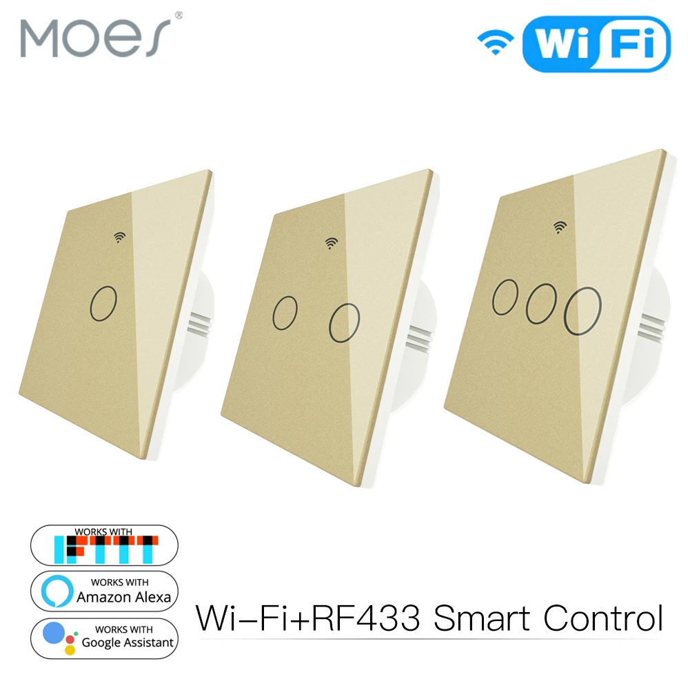 

Gold WiFi Smart Light Switch RF433 Wireless Remote Control Glass Panel Light Switch Works With Alexa Echo Google Home 1/2/3 Gang