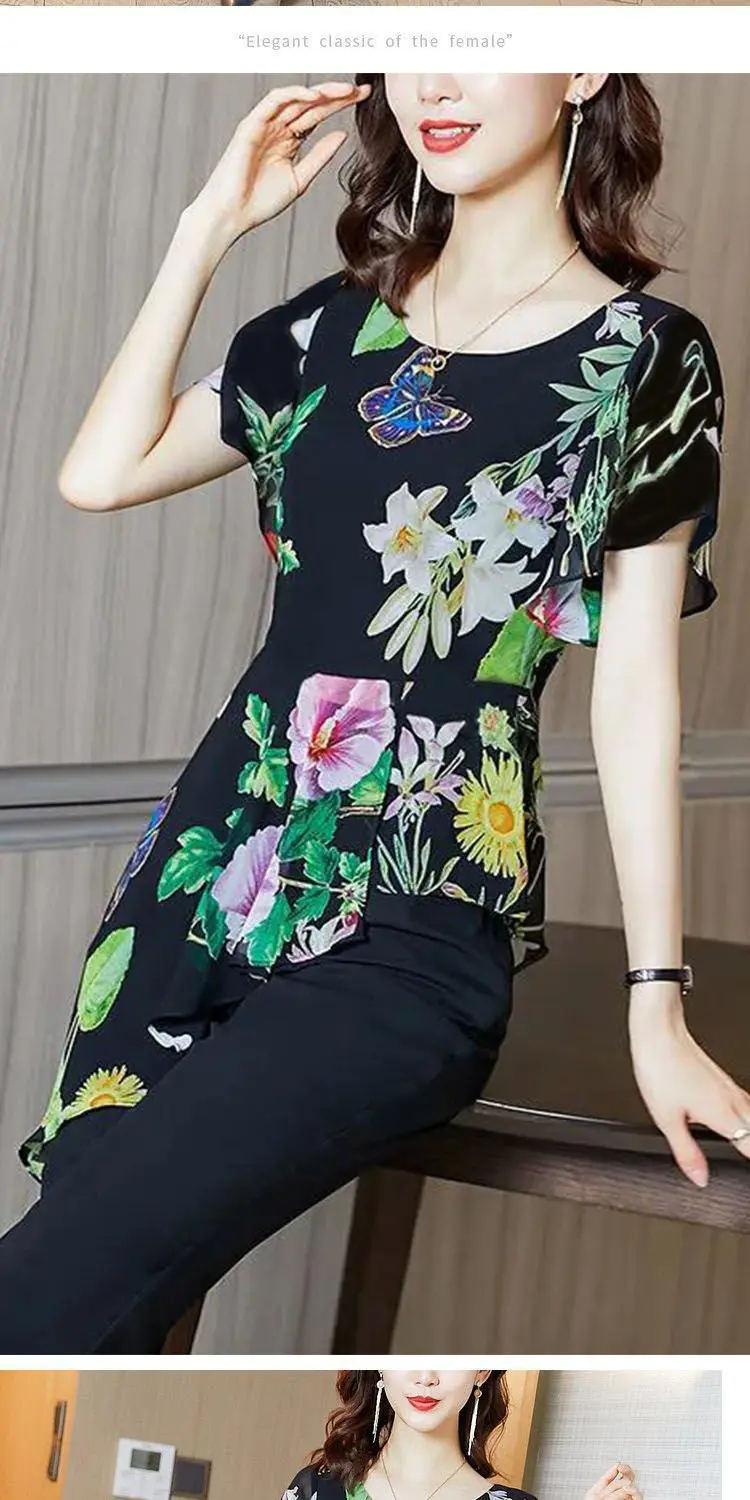 Suit Female Fashion Summer Pantsuits 2 Piece Woman Set Elegant Chiffon Print Irregular Top & Flare Pants Office Lady Clothes special occasion pant suits