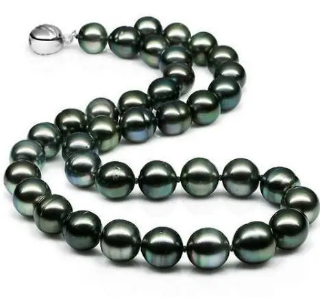 

18 INCH 10-11MM NATURAL SOUTH SEA BLACK GREEN PEARL NECKLACE S925 SILVER CLASP