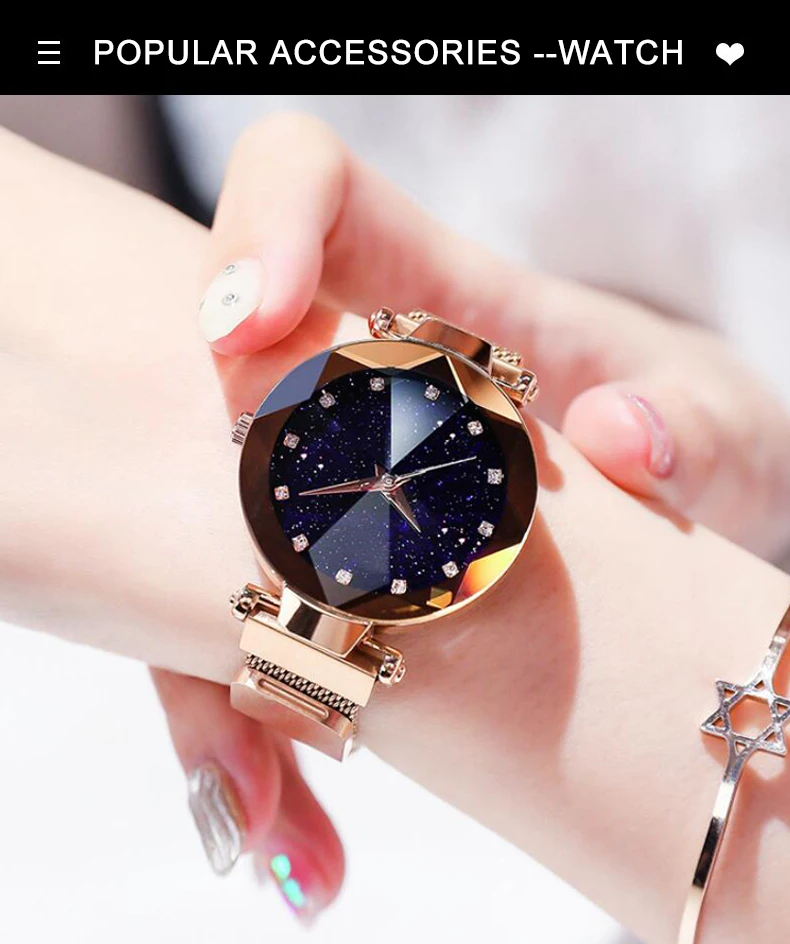 Роскошные Звездное небо из нержавеющей стали сетки браслет часы для женщин Кристалл Аналоговые кварцевые наручные часы женские
