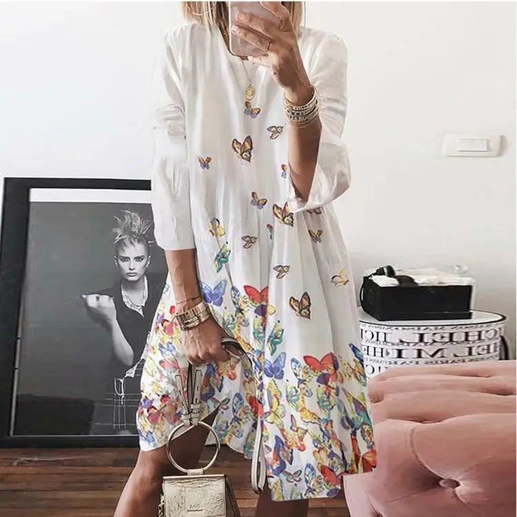 

Large Size Dress Woman 2020 New Summer Fashion White Loose Butterfly Retro Print Three Quarter Sleeve O-Neck Casual A-Line Dress