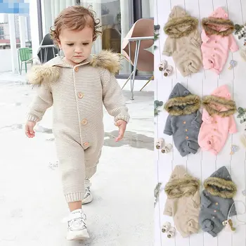 

Newborn Baby Boys Girl Winter Warm Romper Knitted Hooded Jumpsuit Coat Outfit Fashion Cute Soft Solid Button Outerwear