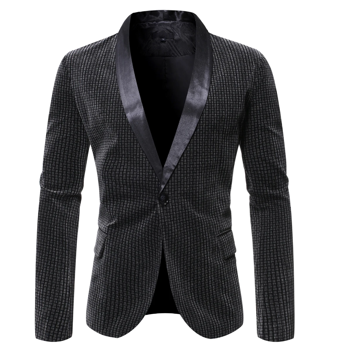 PUIMENTIUA 2019 Fashion Men Autumn Blazer Vintage Groom Velvet Wedding Men Suit Slim Fit Patchwork V-Neck Button Plaid Blazers