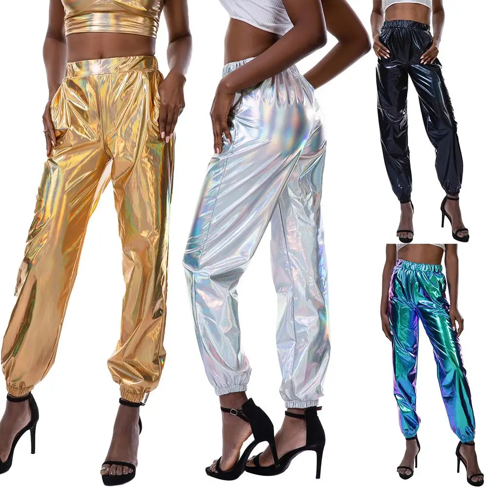 

Hip Hop pants Women Holographic Pants Night Club Elastic High Waist Long Trousers streetwear casual soports cool fashion