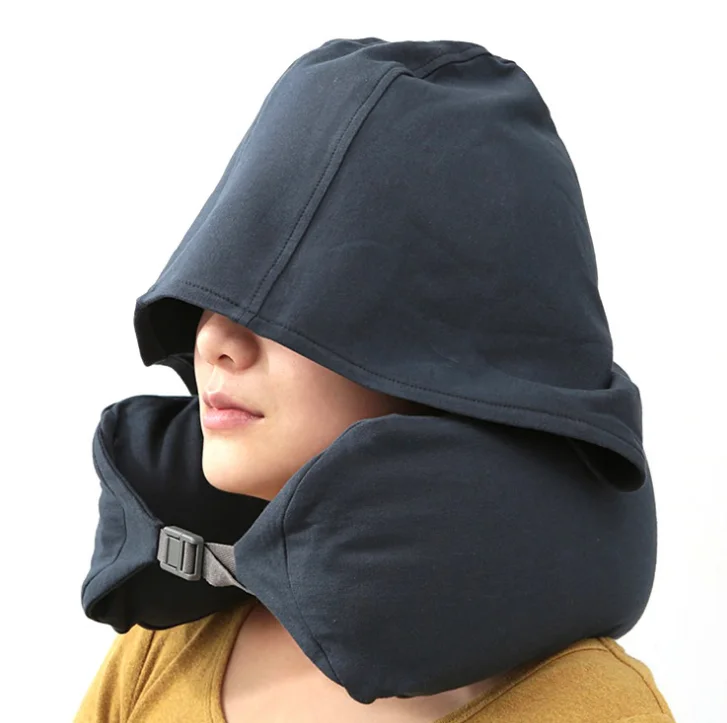 

portable solid U shape textile home airplane car travel pillow soft body beck solid nap cotton particle hooded pillow LFB878