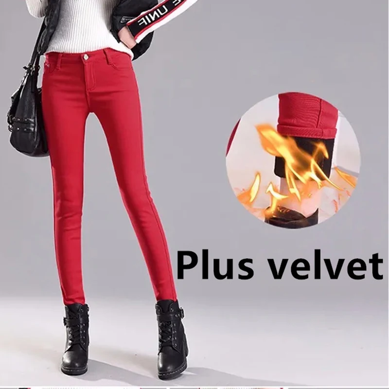

Women Candy Pants Plus Velvet Jeans High Waist Stretch Skinny Warm Pencil Pants Large Size Casual All-Match Thicken Lady Trouser