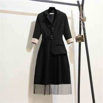 

women party dress black high quality sleeveless notched mesh hemline unique dress office lady pleated dresses P674