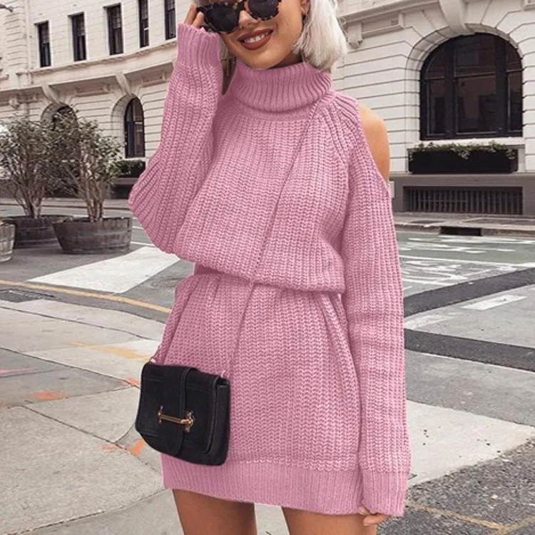 Свитера женские с высоким воротником, с вырезами на плечах свитер платье тонкий длинный зимний женский свитер вязаный пуловер - Цвет: Pink