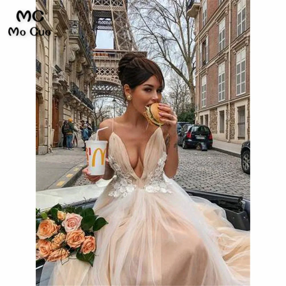 nude pink Сексуальное длинное вечернее платье с аппликацией, выпускное платье на тонких бретелях с глубоким v-образным вырезом, выпускное платье из фатина, женские вечерние платья - Цвет: nude pink
