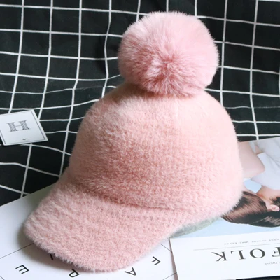 Осень-зима женские винтажные норковые меховые бейсболки Gorro; теплый лыжный бейсболка для девочки с имитацией лисьего меха помпоном Новинка - Цвет: Pink
