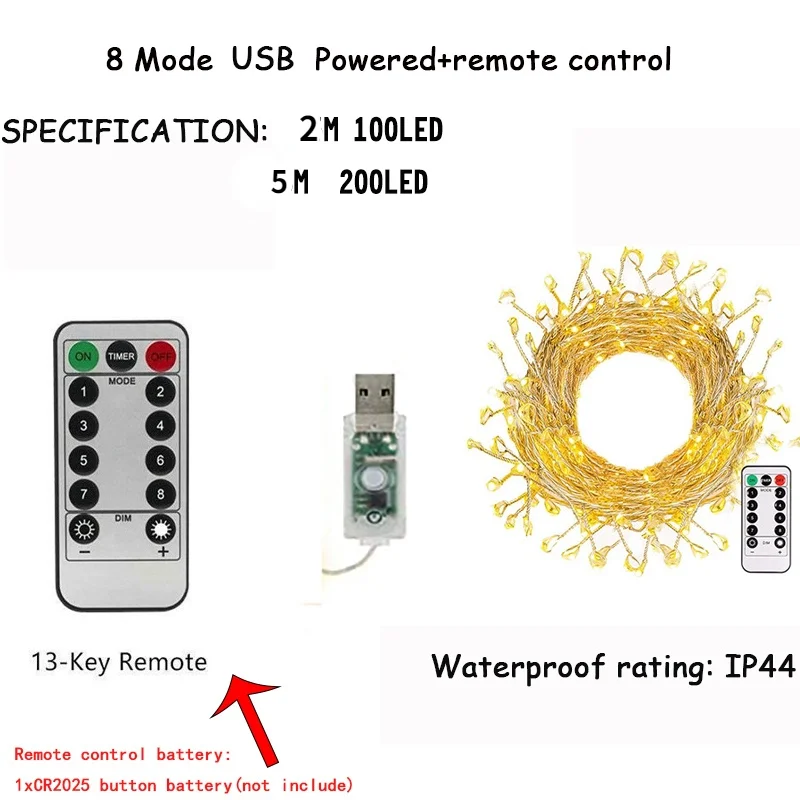 100/200LED Firecracker Fairy String Lights USB Battery Operated Remote Control 