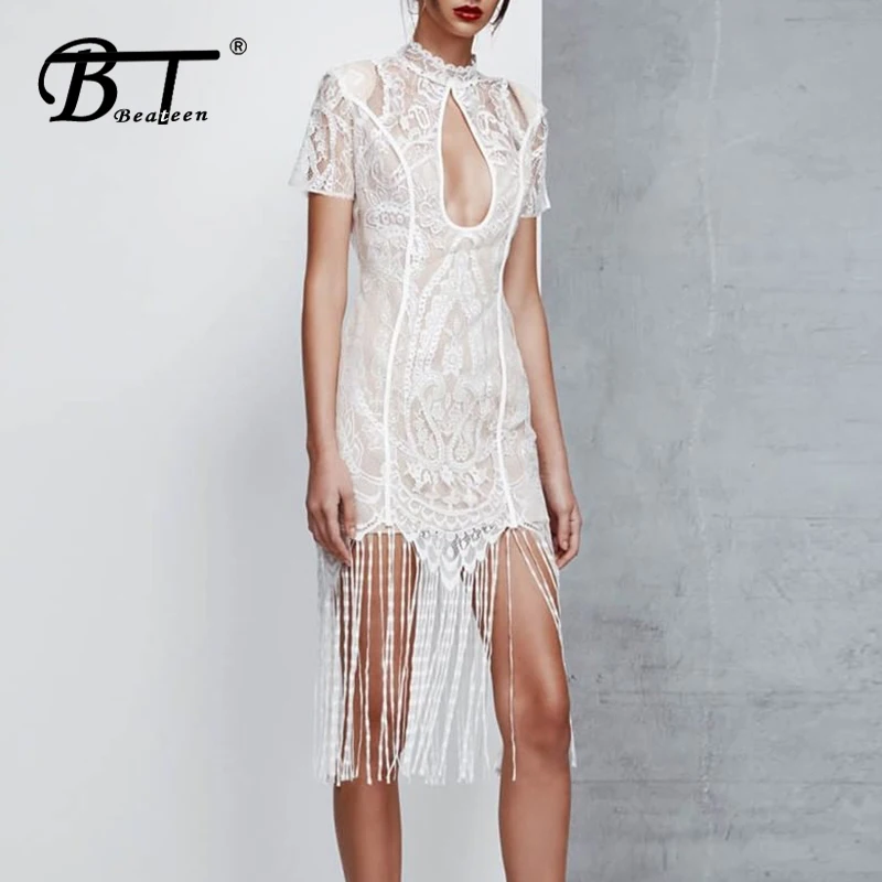 

Beateen Sexy Floral Lace Cut Out O-Neck Short Sleeve Bandage Fringe Sheath Dress 2019 New Fashion Women Party Vestidos White