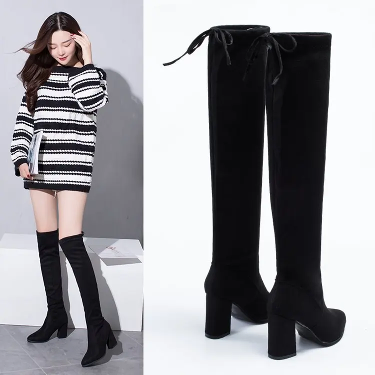 

Over-the-Knee Mature Casual Slip-On Long Boots for Women Square Heel High Autumn Winter Boots Pointed Toe Flock Fringe Shoes