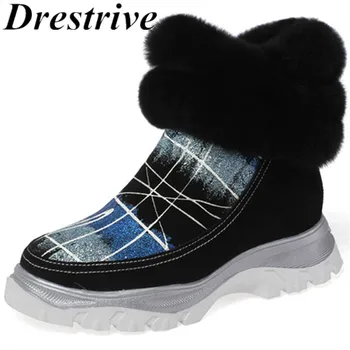 

Drestrive Women Snow Boots Cow Suede Flat Heels Non Slip Zipper Female Winter Shoes Platform Patchwork Ankle Boots Wool