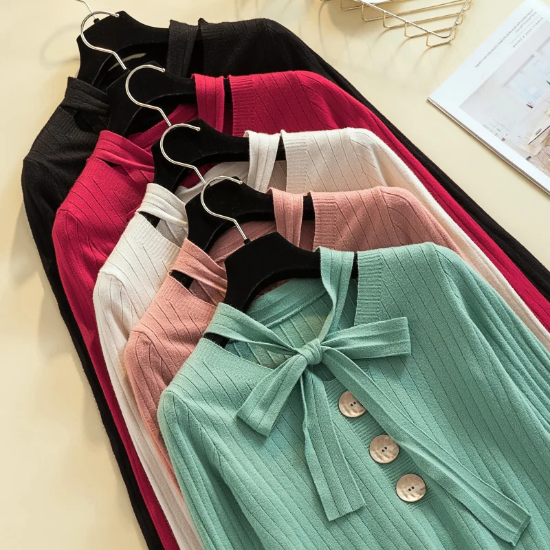 

Women sweaters and pullovers 2019 sweater ladies tops solid button bow green blusas femininas V-Neck knit sweater women 0110