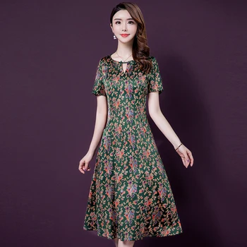 

2020 New Style Mother Print Silk Dress Short Sleeve Plus Size 5xl Loose Vestido Midi Dresses Green Blue Slim Elegant Xxxxl