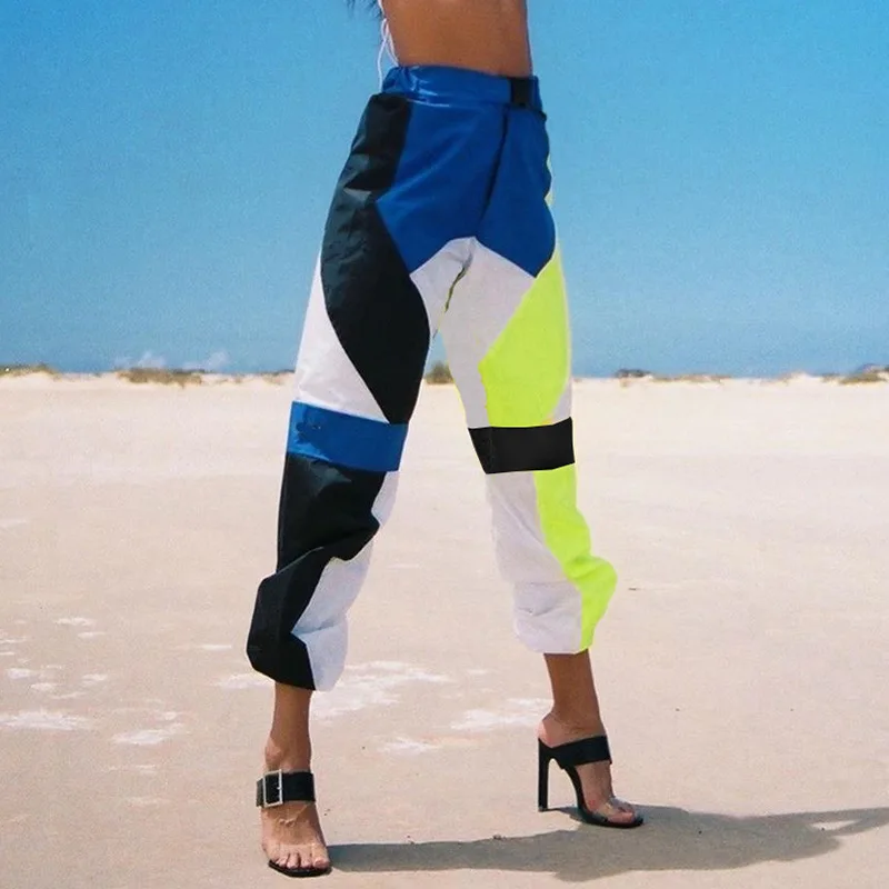 

Color Patchwork Pencil Pants Women Streetwear Buckle Joggers Wide Leg Pants High Waist Trousers Loose Sweatpants Women