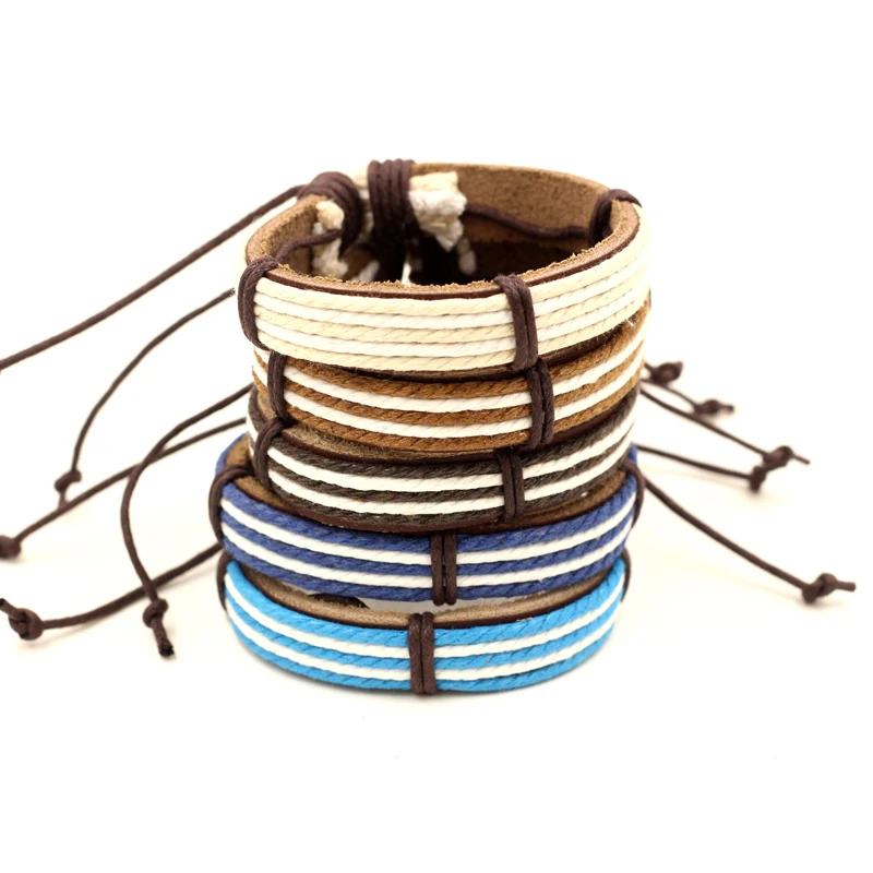 

Men Bracelet Punk Brown/Blue/Blue Braided Leather Bracelet Hand-woven Cotton Rope Bangle Male Accessories Jewelry Adjustable