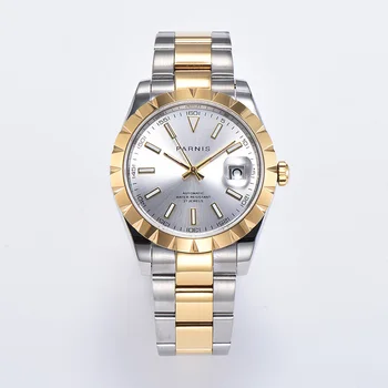 

Parnis White Dial Automatic Mechanical Mens Watch Stainless Steel Bracelet Gold Bezel Men's Watches with box gift moda masculina