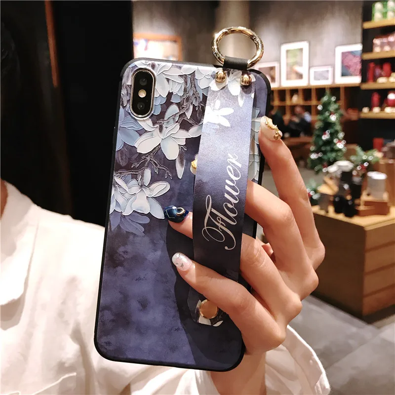 Розовый напульсник чехол для телефона Etui iPhone 11 Pro Мягкий ТПУ Цветок накладка держатель для телефона для iPhone 7 8 6 6S Plus X XS XR XSMax Funda - Цвет: V