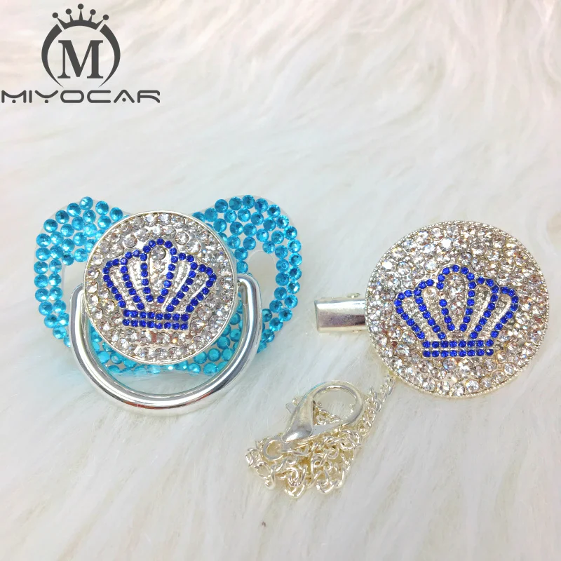 Chupeta e Clipe Miyocar Todos Bling Branco Azul Coroa Conjunto Chupeta Titular Corrente Adorável Design Exclusivo Abcb-1-sw 2 Estojos e corrente p chupetas