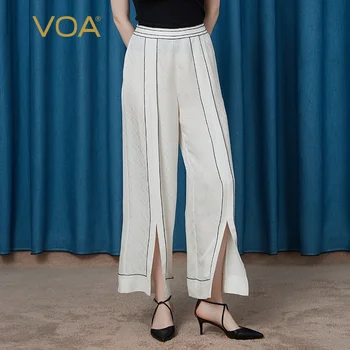 

VOA Silk 22mm Ivory White Jacquard Agaric Wrinkle Waist Contrast Rolloff Slit Sheet Stitching Wide Leg Pants KE16