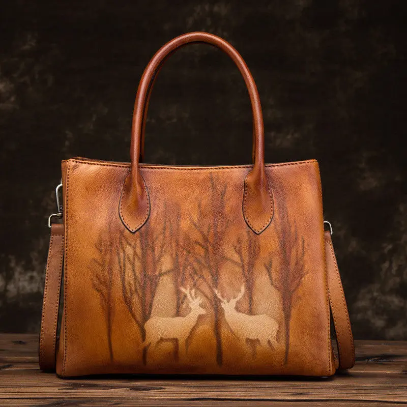

WERAIMJX Luxury Genuine Leather Women Bag New Designer Deer Print Women Handbags Totes Retro Soft Handle Shoulder Crossbody Bags