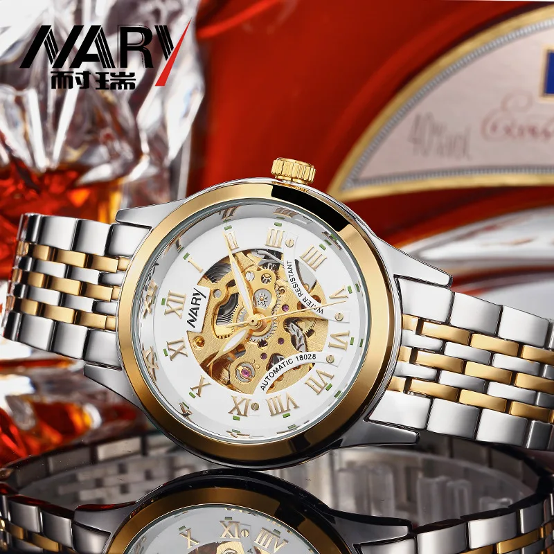 

Nary/NARY New Style Men's Fully Automatic Analog Watch Steel Belt Business Hollow Dial Waterproof Watch 18028-2