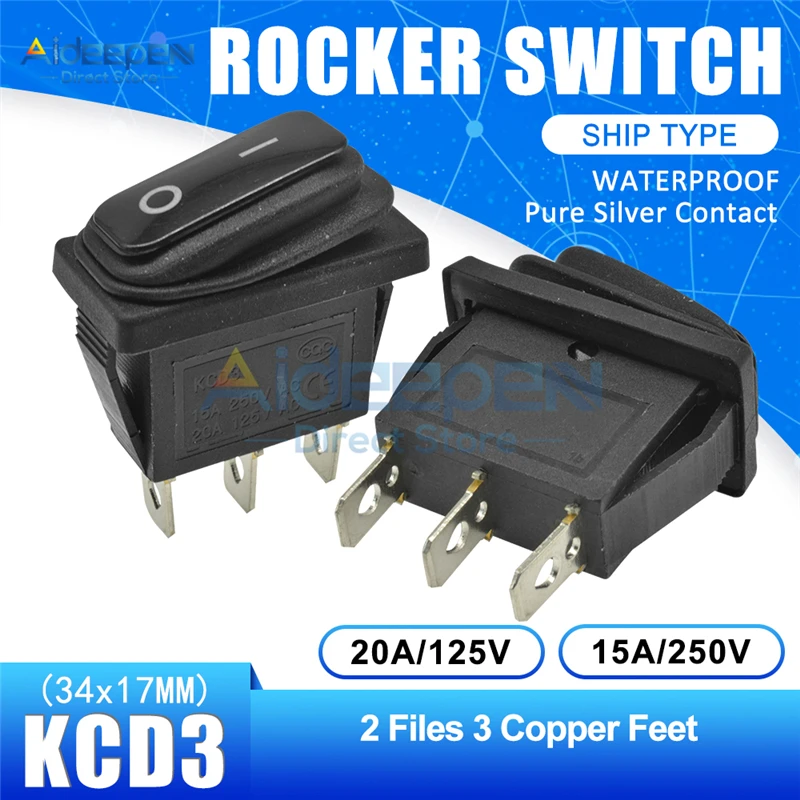 KCD3 Waterproof Rocker Switch 34x17mm AC 15A/250V 20A/125V ON-OFF 2 Position 3 Pin Reset Switch With LED Light - Цвет: Black without light