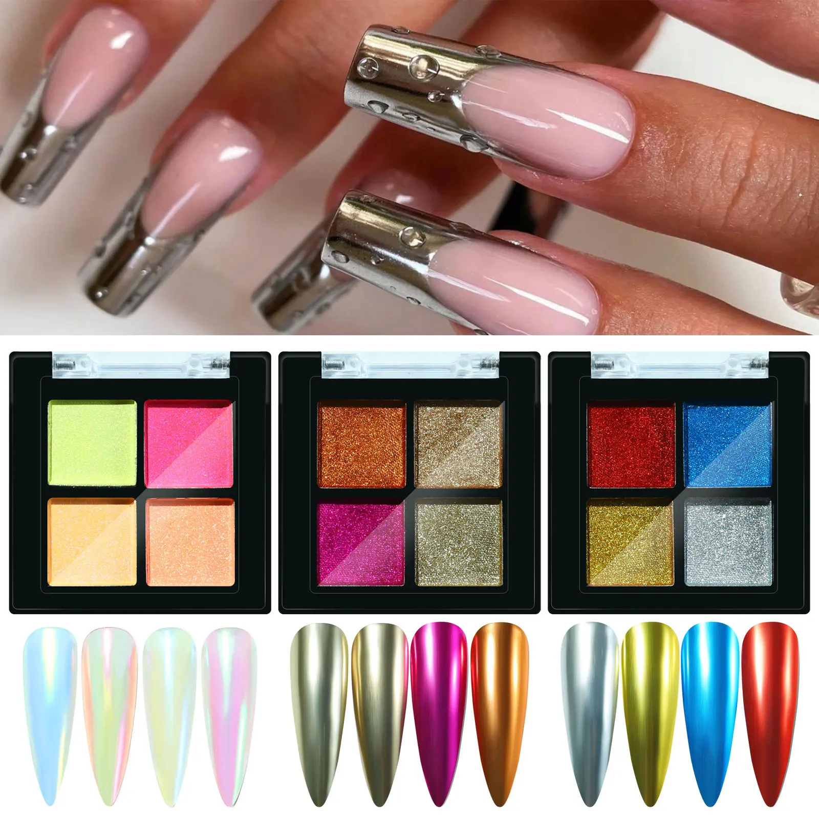 

4 Colors/Set Shiny Solid-State Magic Mirror Powders Fairy Aurora Nail Art Paintings Dust Decorations Manicure DIY Plate Set