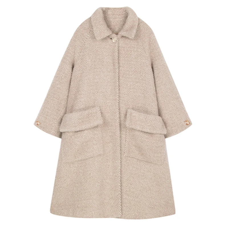 HANZANGL Korean Version Wool Coat winter jacket women long-sleeved Woolen Cashmere Coats Long Outwear beige/pink