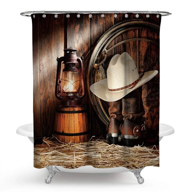 BBSET Vintage Western Shower Curtain Art of Cowboy Riding Horse Towards