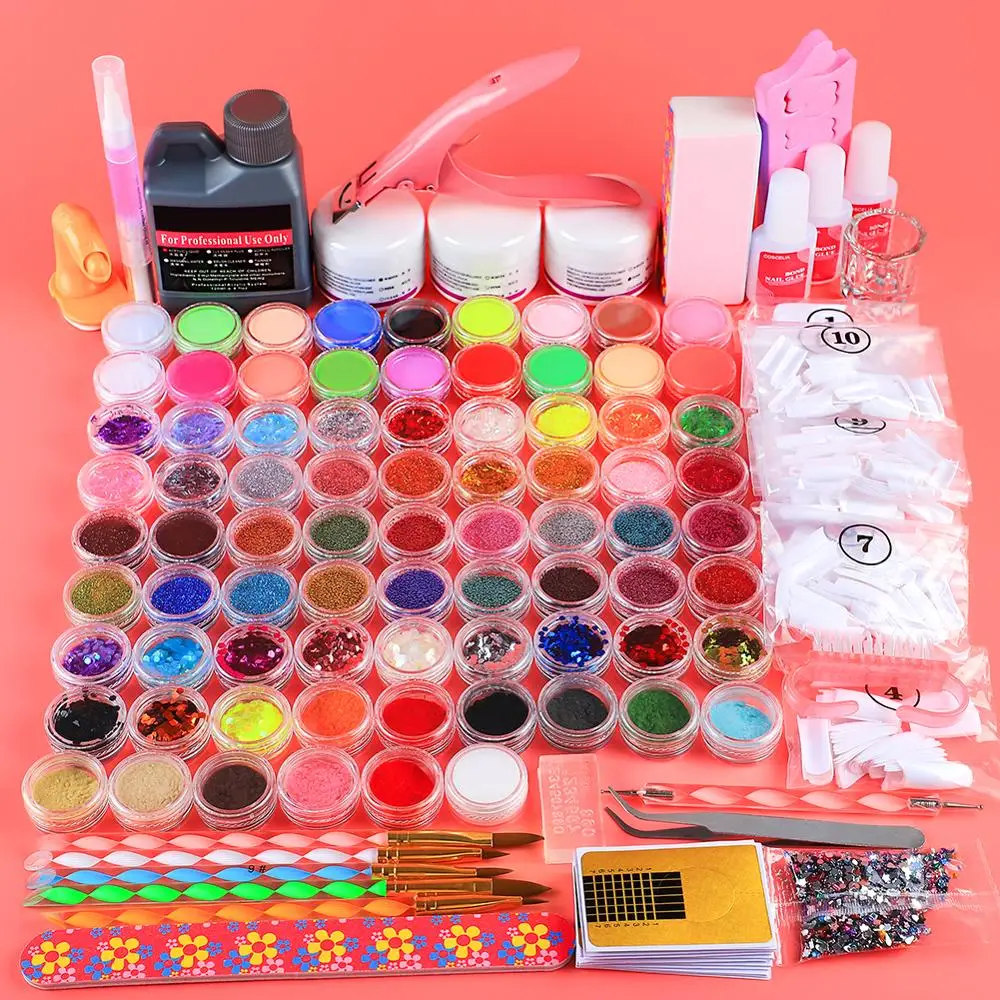 COSCELIA, акриловый набор для маникюра, набор для дизайна ногтей, 120 мл, акриловая жидкость, 72 шт., блестящие порошки для ногтей, кончики для ногтей, кисточки для маникюра