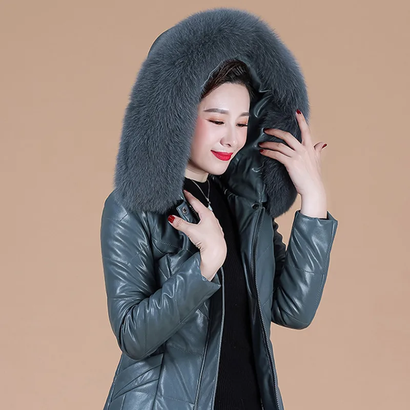 L-8XL Woman Leather Jacket Winter 2023 Fashion Overcoat Thicken Warm Fur Collar Hooded Sheepskin Coat Camel Outerwear Female