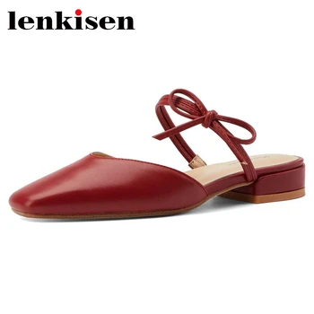 

Lenkisen full grain leather square toe low heel slip on mules Korean street butterfly-knot sweet girls dating women pumps L82