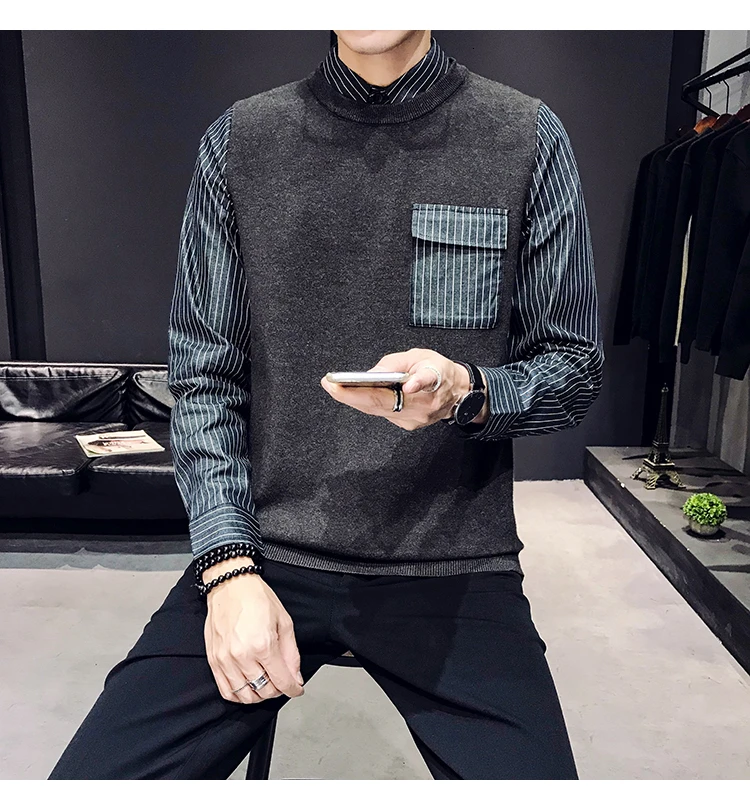 Британский стиль поддельные две части свитер пуловер свитер мужской Blusa Masculina модная одежда мужской круглый вырез длинный рукав вязание