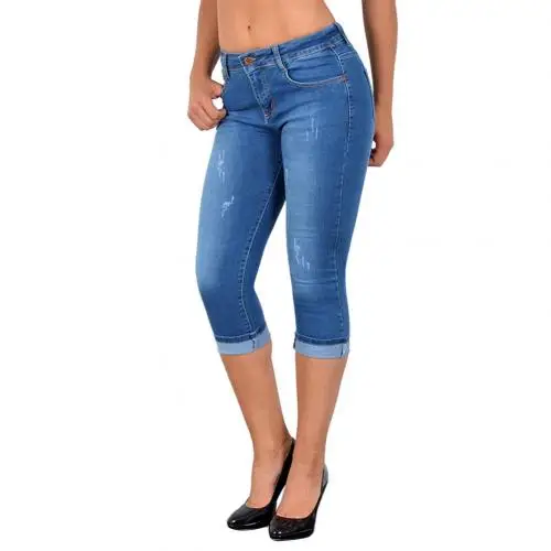 Light Blue Модные летние женские обтягивающие джинсы размера плюс с высокой талией, до колена, рваные джинсовые Капри, обтягивающие уличные повседневные эластичные брюки - Цвет: Light Blue