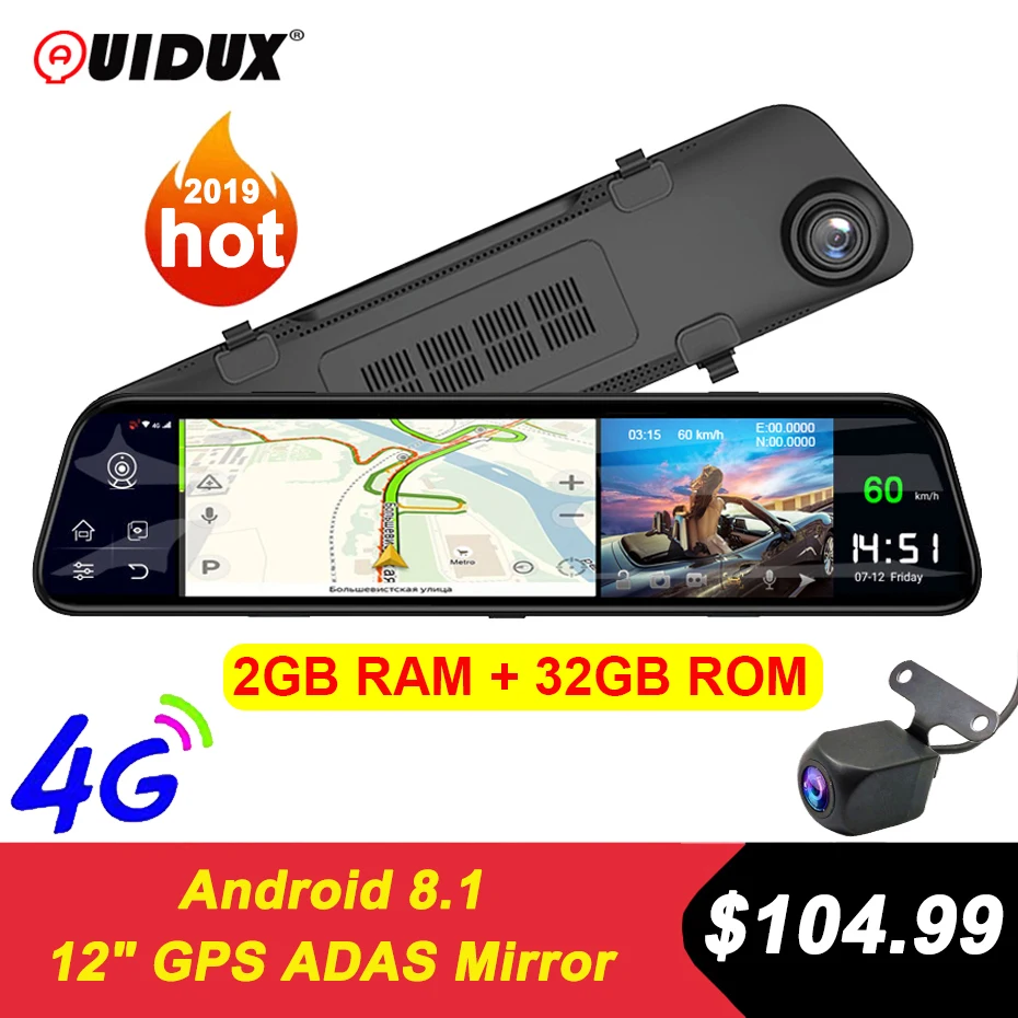 Зеркало заднего вида QUIDUX 12 дюймов 4G Android 8 1 GPS навигация 2 Гб ОЗУ 32 ПЗУ ADAS FHD 1080P