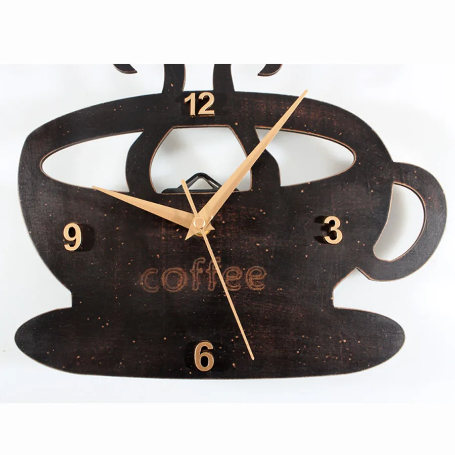 Kitchen Wall Clock Modern Design Coffee Cup Hanging Clock Pastoral Style Time Wood Watch Wall Clocks Home Decor Silent 12 inch