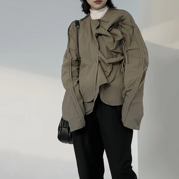 

Women Pleated Split Asymmetrical Blouse New Round Neck Long Sleeve Loose Fit Shirt Fashion Tide Spring Autumn 2020