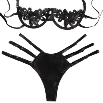 

Women Sexy Underwear Set Lingerie Bra Panty Two Piece Set Solid Color Hollow Perspective Embroidery Flower Underwear Set