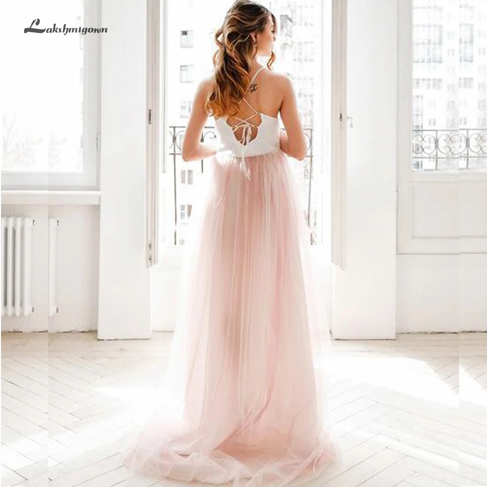 Vestido Novia простое Бохо пляжное свадебное платье на тонких бретелях нежно-розовый тюль Свадебные платья на заказ с коротким шлейфом