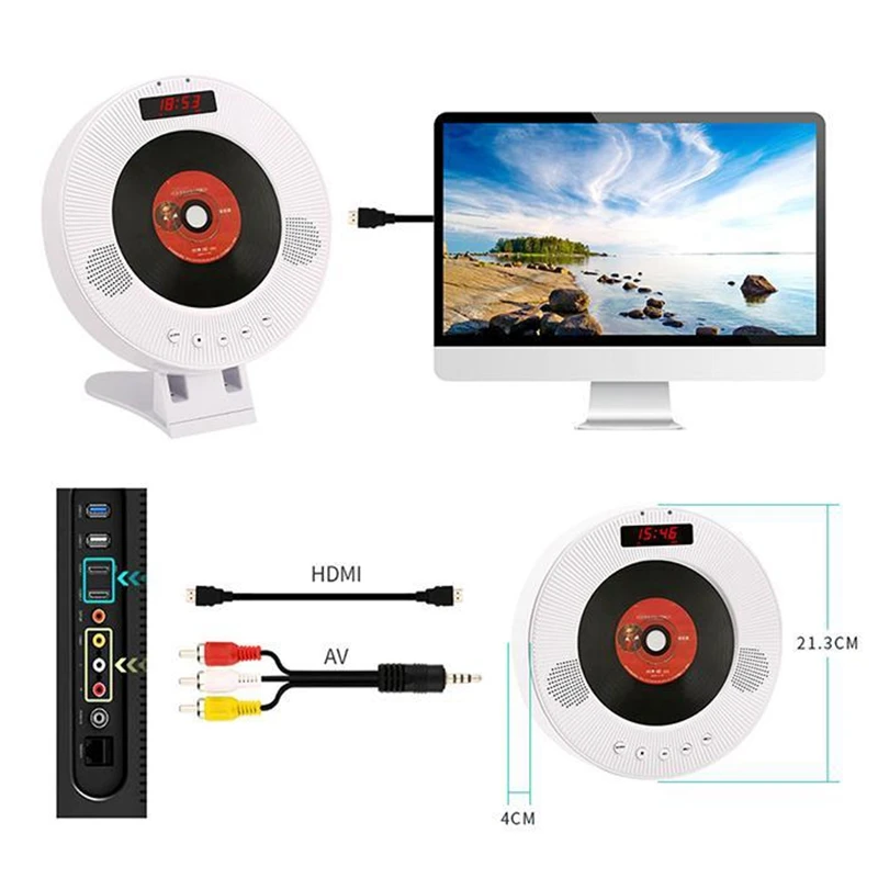 Wall Mounted CD Player Surround Sound DVD Player Hifi FM Radio Bluetooth Portable Music Player Remote Control Support USB TF Car